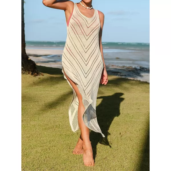 imageCUPSHE Cover Up for Women Beachwear Round Neck Crochet Sleeveless Maxi Length Pull Over Loose WaistBeige