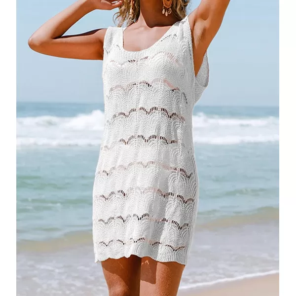 imageCUPSHE Cover Up for Women Crochet Beachwear Round Neck Pull Over SleevelessWhite