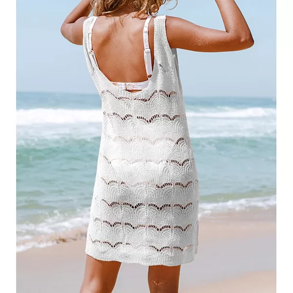 imageCUPSHE Cover Up for Women Crochet Beachwear Round Neck Pull Over SleevelessWhite