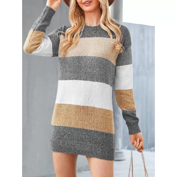imageCUPSHE Crew Neck Striped Mini Sweater Dress for Women Long Sleeve Color Block Casual Knitted Pullover SweaterMulticolored