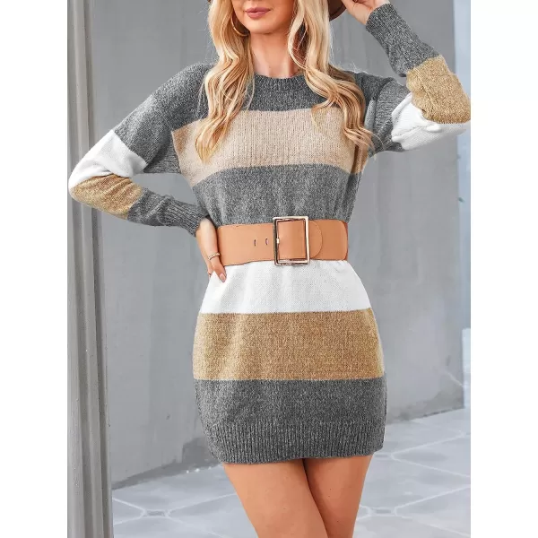 imageCUPSHE Crew Neck Striped Mini Sweater Dress for Women Long Sleeve Color Block Casual Knitted Pullover SweaterMulticolored