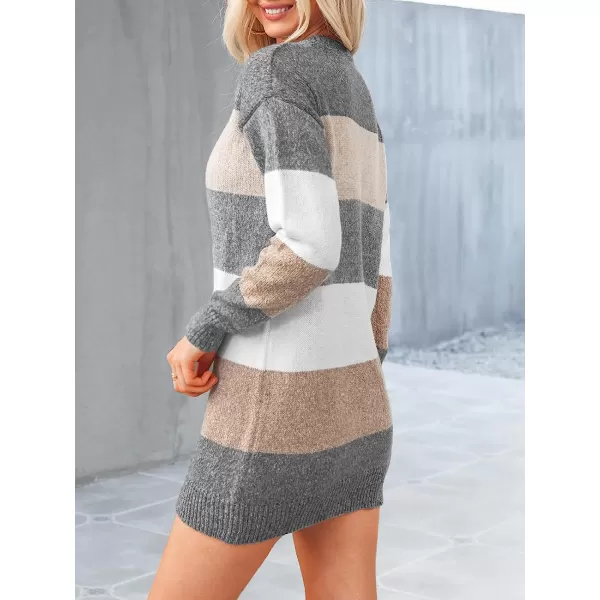 imageCUPSHE Crew Neck Striped Mini Sweater Dress for Women Long Sleeve Color Block Casual Knitted Pullover SweaterMulticolored
