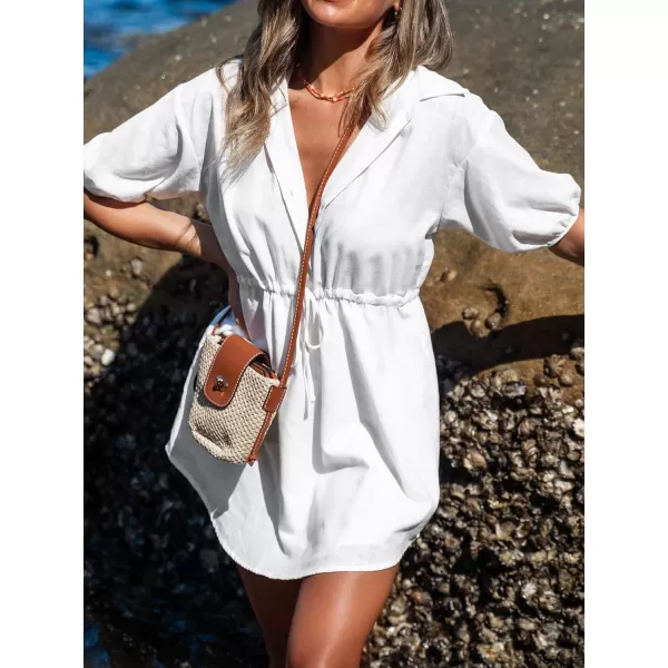 imageCUPSHE Drawstring ButtonFront Shirt Dress Short Sleeves V Neck Dresses Casual SummerWhite