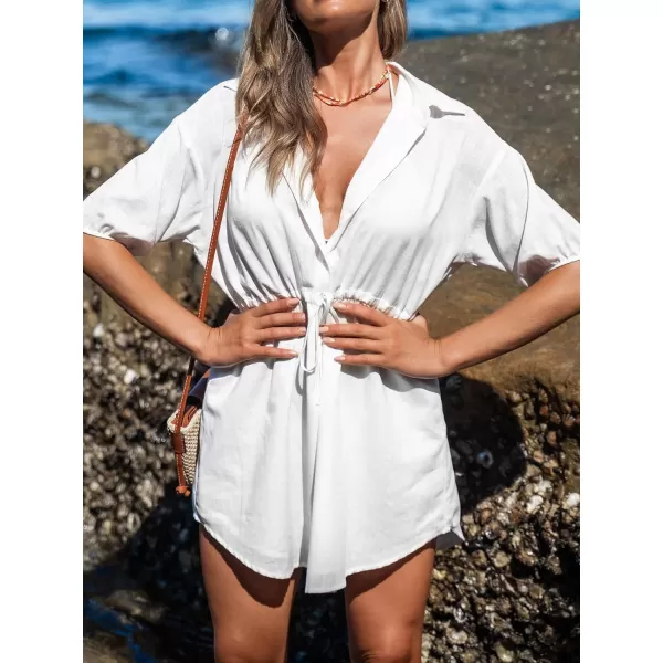 imageCUPSHE Drawstring ButtonFront Shirt Dress Short Sleeves V Neck Dresses Casual SummerWhite