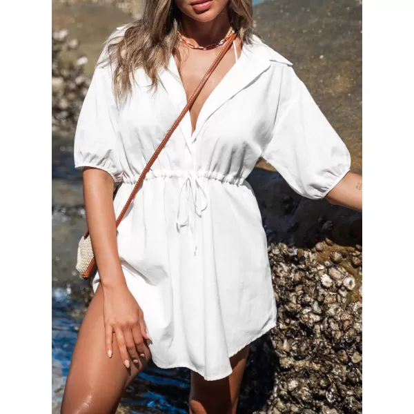 imageCUPSHE Drawstring ButtonFront Shirt Dress Short Sleeves V Neck Dresses Casual SummerWhite