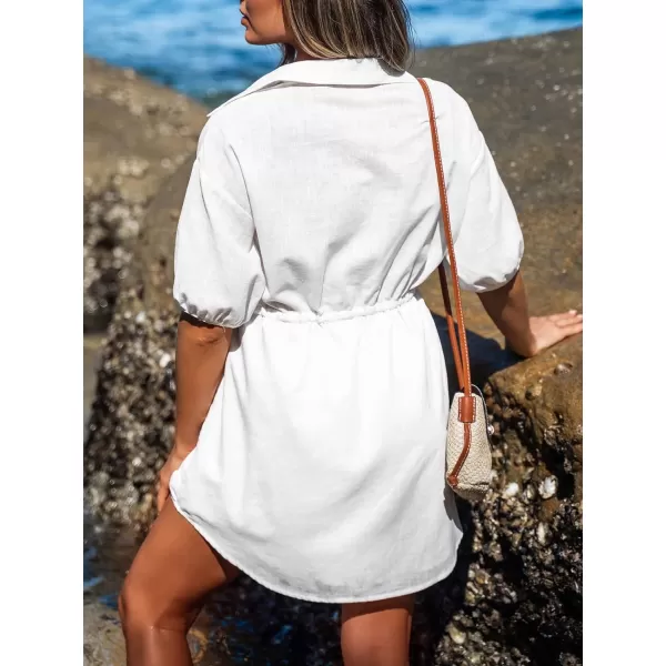 imageCUPSHE Drawstring ButtonFront Shirt Dress Short Sleeves V Neck Dresses Casual SummerWhite