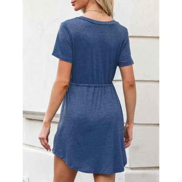 imageCUPSHE Drawstring VNeck Mini Dress Short Sleeves ButtonFront Dresses Casual SummerBlue