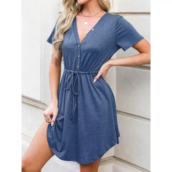 imageCUPSHE Drawstring VNeck Mini Dress Short Sleeves ButtonFront Dresses Casual SummerBlue