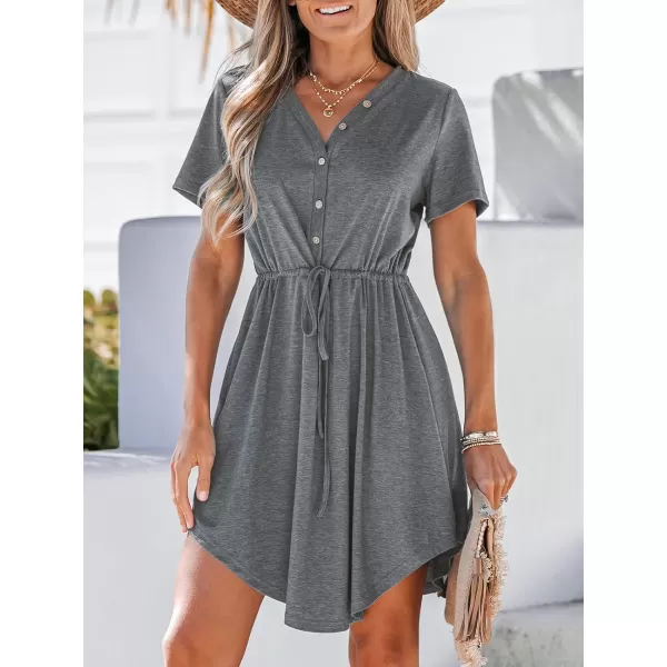 imageCUPSHE Drawstring VNeck Mini Dress Short Sleeves ButtonFront Dresses Casual SummerGrey