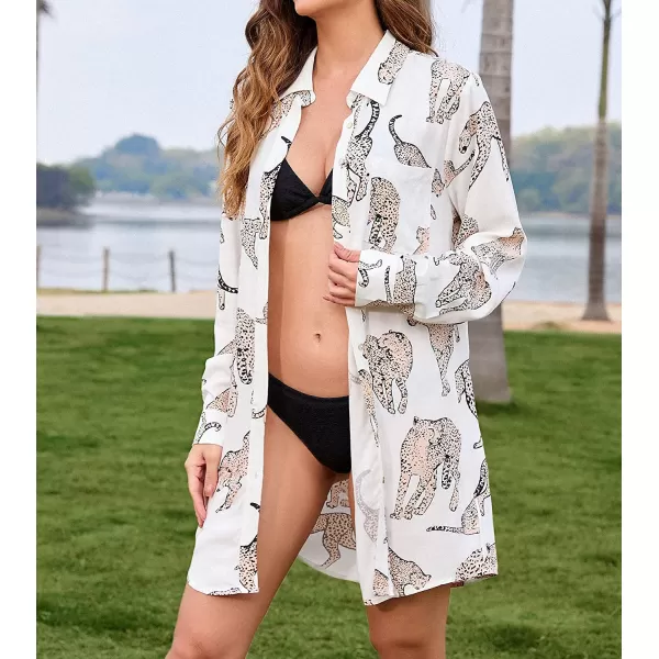 imageCUPSHE Dress Button Down Shirt Dress Long Sleeve Blouse Top Leopard PrintWhite