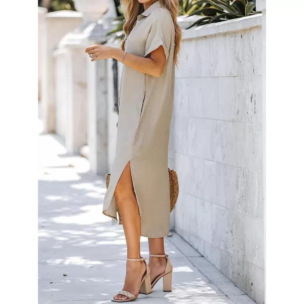 imageCUPSHE Dress for Women Bell Short Sleeve Button Down Dress V Neck Casual Shirt DressesBeige