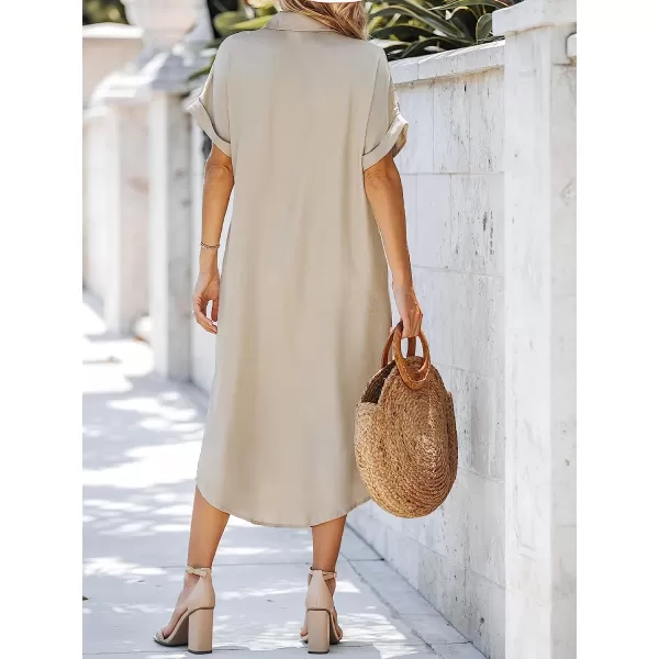 imageCUPSHE Dress for Women Bell Short Sleeve Button Down Dress V Neck Casual Shirt DressesBeige