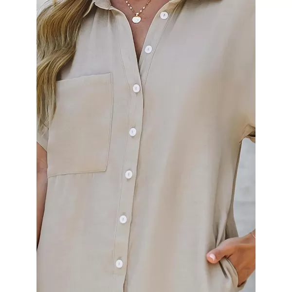 imageCUPSHE Dress for Women Bell Short Sleeve Button Down Dress V Neck Casual Shirt DressesBeige