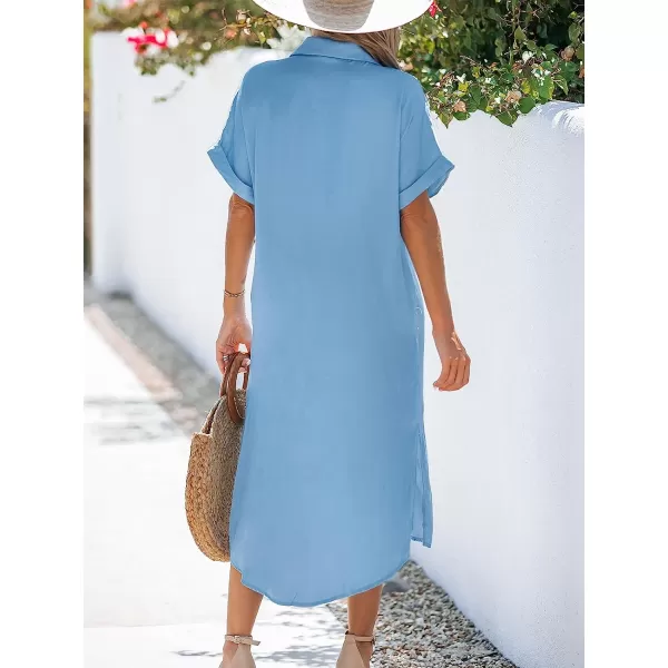 imageCUPSHE Dress for Women Bell Short Sleeve Button Down Dress V Neck Casual Shirt DressesBlue