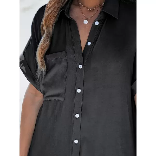 imageCUPSHE Dress for Women Bell Short Sleeve Button Down Dress V Neck Casual Shirt DressesDark Grey