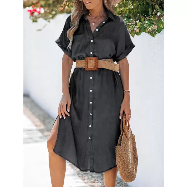 imageCUPSHE Dress for Women Bell Short Sleeve Button Down Dress V Neck Casual Shirt DressesDark Grey