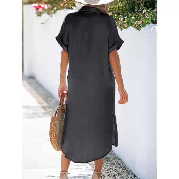 imageCUPSHE Dress for Women Bell Short Sleeve Button Down Dress V Neck Casual Shirt DressesDark Grey