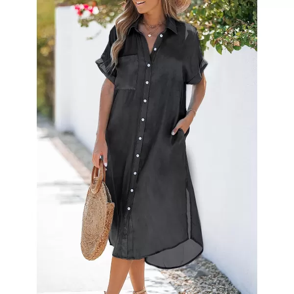 imageCUPSHE Dress for Women Bell Short Sleeve Button Down Dress V Neck Casual Shirt DressesDark Grey