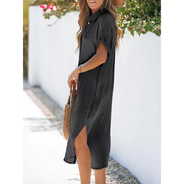 imageCUPSHE Dress for Women Bell Short Sleeve Button Down Dress V Neck Casual Shirt DressesDark Grey
