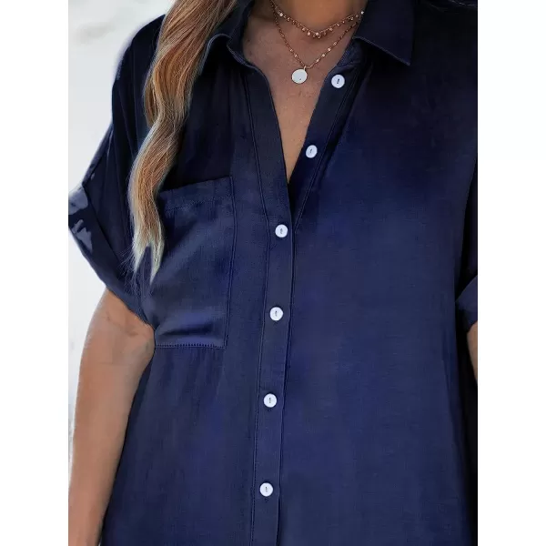 imageCUPSHE Dress for Women Bell Short Sleeve Button Down Dress V Neck Casual Shirt DressesIndigo Blue