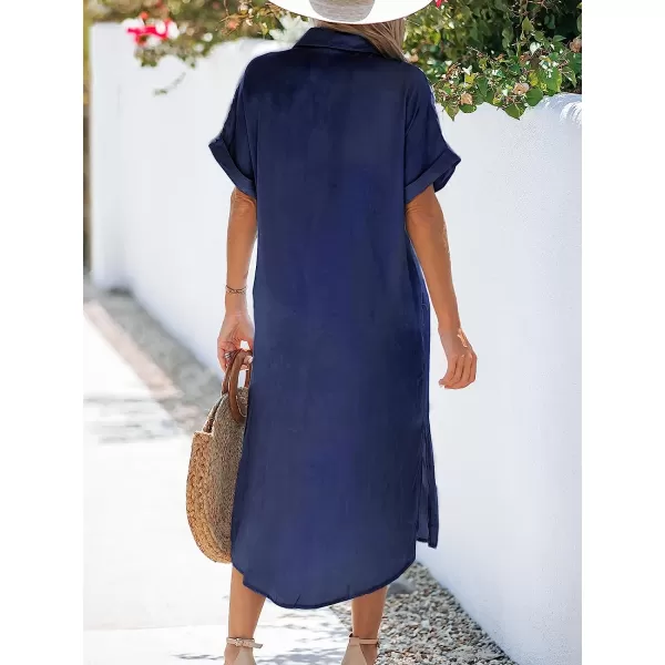 imageCUPSHE Dress for Women Bell Short Sleeve Button Down Dress V Neck Casual Shirt DressesIndigo Blue
