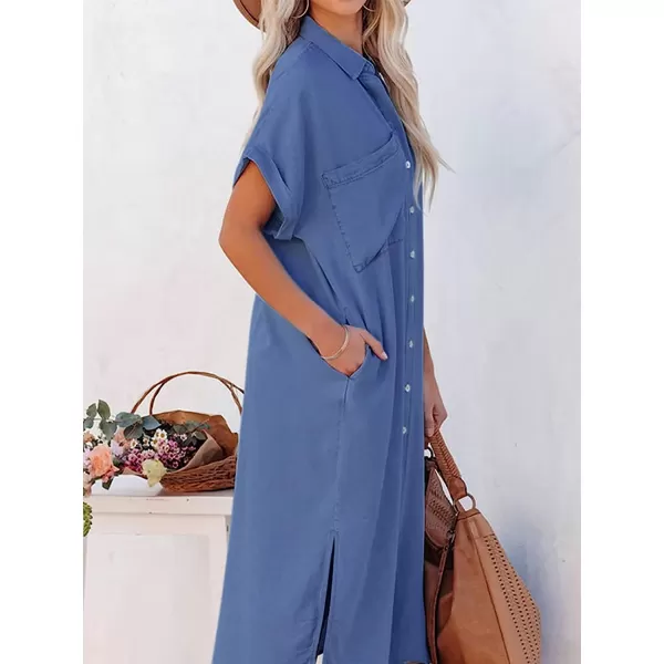 imageCUPSHE Dress for Women Bell Short Sleeve Button Down Dress V Neck Casual Shirt DressesSapphire
