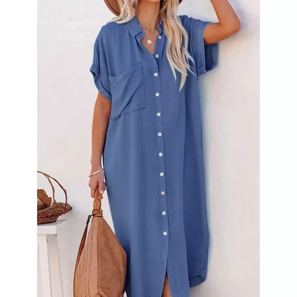 imageCUPSHE Dress for Women Bell Short Sleeve Button Down Dress V Neck Casual Shirt DressesSapphire