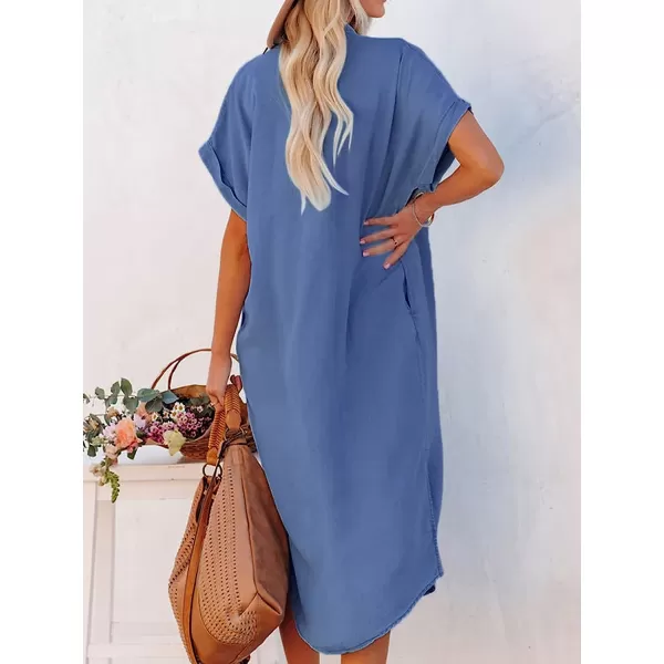 imageCUPSHE Dress for Women Bell Short Sleeve Button Down Dress V Neck Casual Shirt DressesSapphire