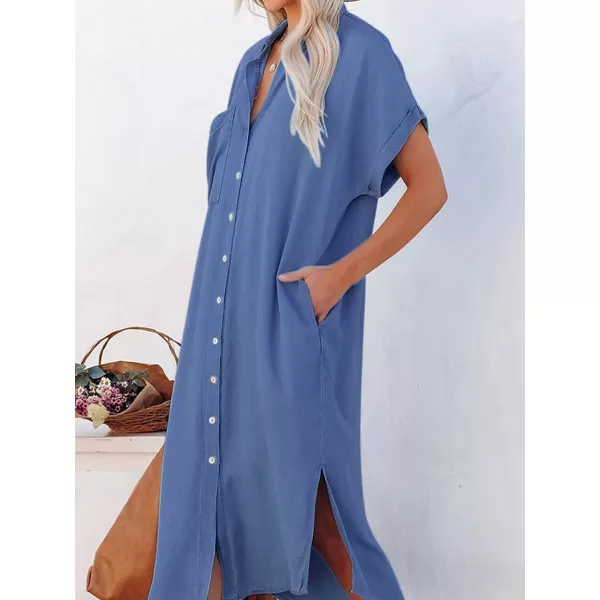 imageCUPSHE Dress for Women Bell Short Sleeve Button Down Dress V Neck Casual Shirt DressesSapphire