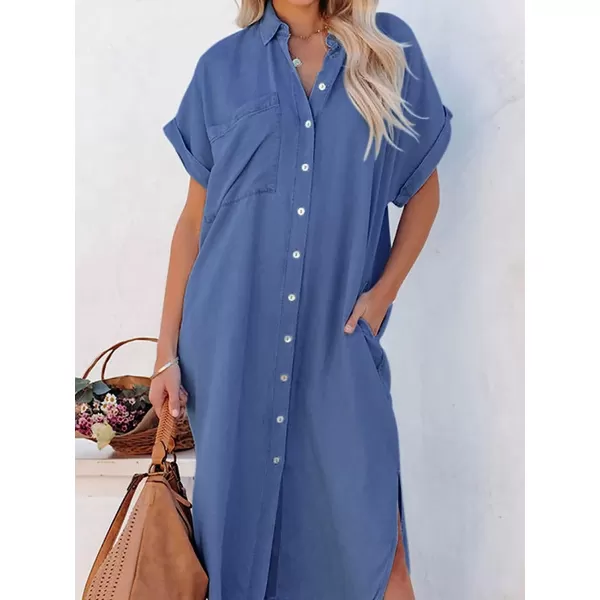 imageCUPSHE Dress for Women Bell Short Sleeve Button Down Dress V Neck Casual Shirt DressesSapphire
