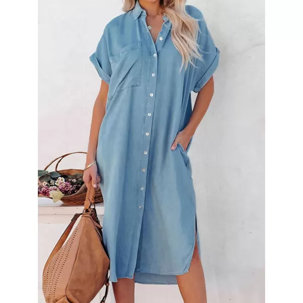 imageCUPSHE Dress for Women Bell Sleeve Button Down Dress Short Sleeve V Neck Casual Shirt Cover up DressBlue