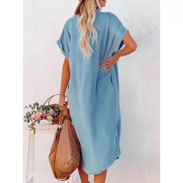imageCUPSHE Dress for Women Bell Sleeve Button Down Dress Short Sleeve V Neck Casual Shirt Cover up DressBlue