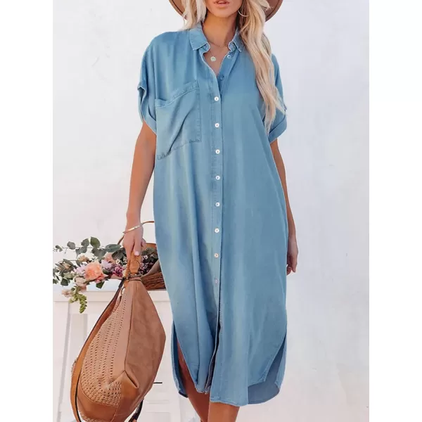 imageCUPSHE Dress for Women Bell Sleeve Button Down Dress Short Sleeve V Neck Casual Shirt Cover up DressBlue