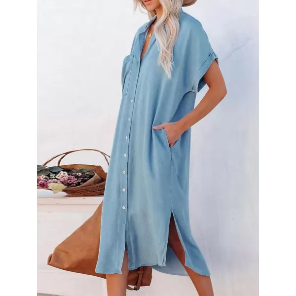 imageCUPSHE Dress for Women Bell Sleeve Button Down Dress Short Sleeve V Neck Casual Shirt Cover up DressBlue