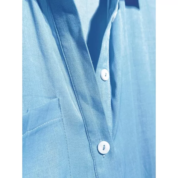 imageCUPSHE Dress for Women Bell Sleeve Button Down Dress Short Sleeve V Neck Casual Shirt Cover up DressBlue