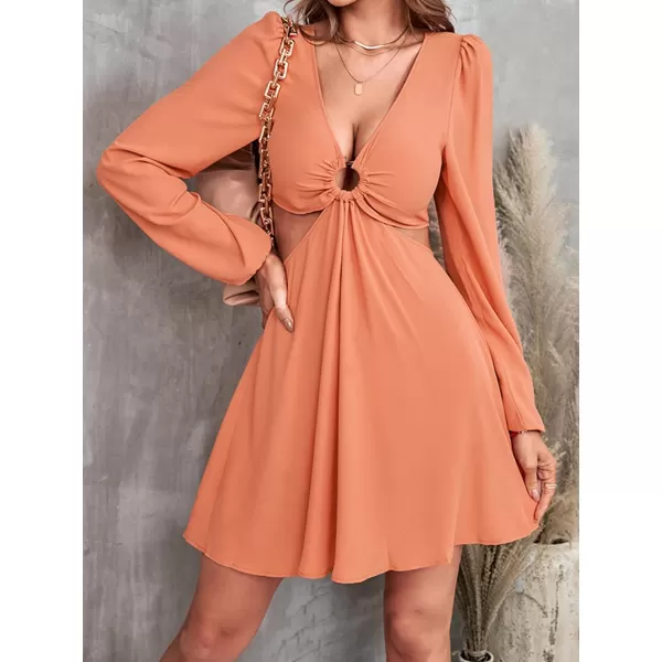 imageCUPSHE Dress for Women Long Sleeve Midi Length Cut Out V Neck Plunge Zipper EyeletOrange