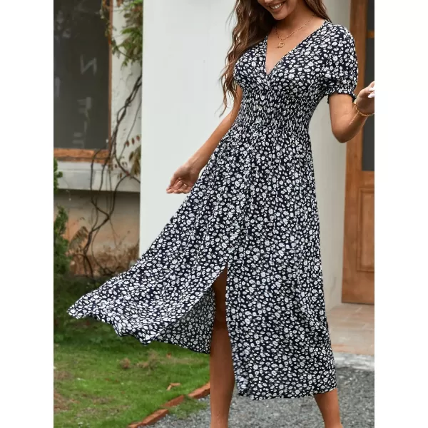 imageCUPSHE Dress for Women Maxi Dress Short Sleeve Plunge A Line Pull Over V Neck SmockingBlack
