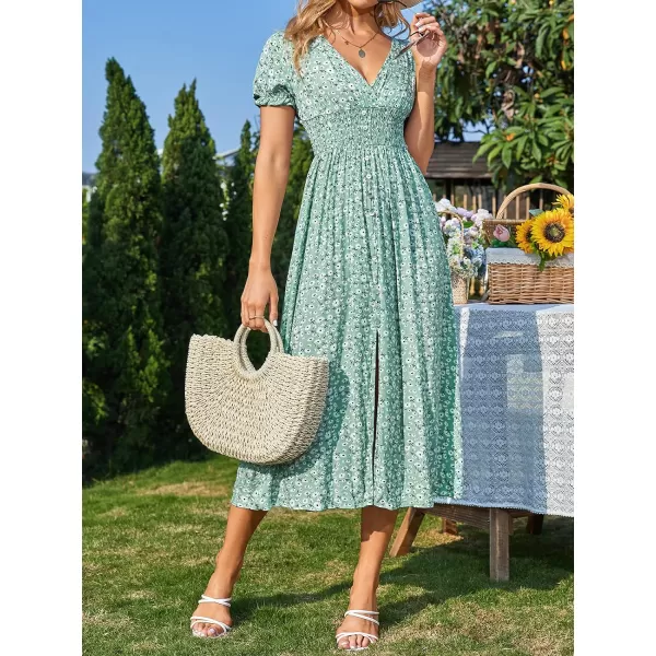 imageCUPSHE Dress for Women Maxi Dress Short Sleeve Plunge A Line Pull Over V Neck SmockingGreen