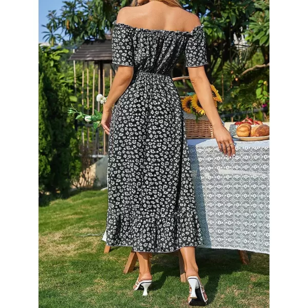 imageCUPSHE Dress for Women Maxi Dresses Off Shoulder Ditsy Floral Print Short Sleeve Frill A Line DressBlack