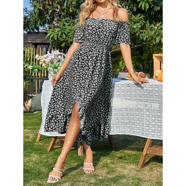 imageCUPSHE Dress for Women Maxi Dresses Off Shoulder Ditsy Floral Print Short Sleeve Frill A Line DressBlack