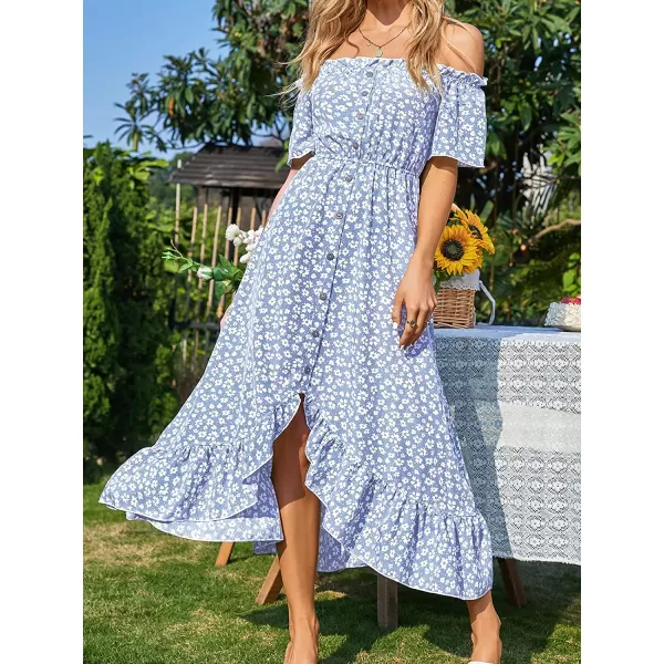 imageCUPSHE Dress for Women Maxi Dresses Off Shoulder Ditsy Floral Print Short Sleeve Frill A Line DressBlue