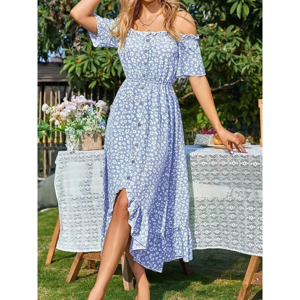 imageCUPSHE Dress for Women Maxi Dresses Off Shoulder Ditsy Floral Print Short Sleeve Frill A Line DressBlue