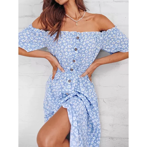 imageCUPSHE Dress for Women Maxi Dresses Off Shoulder Ditsy Floral Print Short Sleeve Frill A Line DressBlue