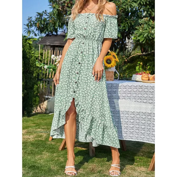 imageCUPSHE Dress for Women Maxi Dresses Off Shoulder Ditsy Floral Print Short Sleeve Frill A Line DressGreen