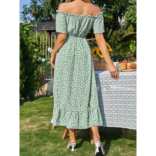 imageCUPSHE Dress for Women Maxi Dresses Off Shoulder Ditsy Floral Print Short Sleeve Frill A Line DressGreen
