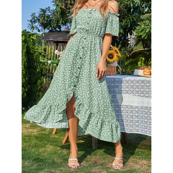 imageCUPSHE Dress for Women Maxi Dresses Off Shoulder Ditsy Floral Print Short Sleeve Frill A Line DressGreen