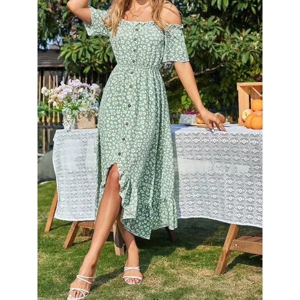 imageCUPSHE Dress for Women Maxi Dresses Off Shoulder Ditsy Floral Print Short Sleeve Frill A Line DressGreen