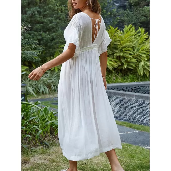 imageCUPSHE Dress for Women Midi Button Down Cover Up Short Ruffle Sleeves Elastic Waist Pocket Frill V NeckWhite