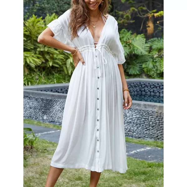 imageCUPSHE Dress for Women Midi Button Down Cover Up Short Ruffle Sleeves Elastic Waist Pocket Frill V NeckWhite