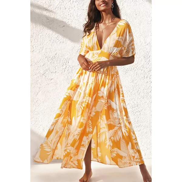 imageCUPSHE Dress for Women Summer Midi Dress V Neck Button Elastic Waist Cut Out Back 34 Sleeves Floral PrintedYellow